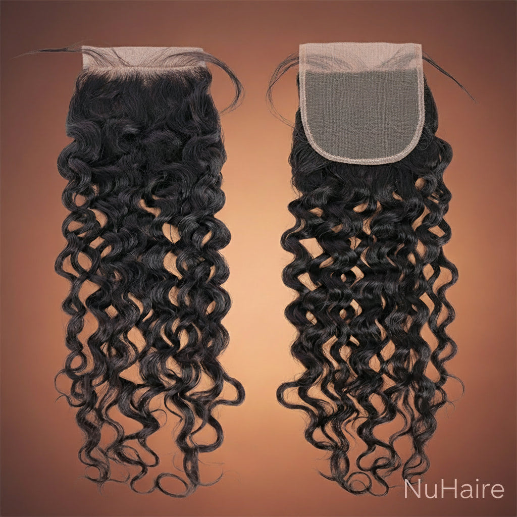 Product Display 2 - NuHaire's Brazilian / Indian Deep Curly Free Part Ultra Thin HD Lace Closure features a natural black color and premium human hair. Available in Brazilian and Indian textures with various lace sizes, it offers full volume and a bouncy, curly texture.