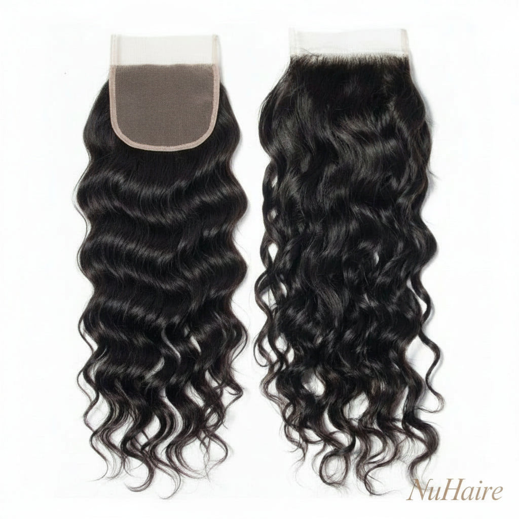 Product display - NuHaire's Brazilian Natural Wave Ultra Thin Invisible HD Lace Closure features a natural black color and premium human hair. Available in Brazilian and Indian textures with various lace sizes, it offers full volume and a flowing natural wave texture.