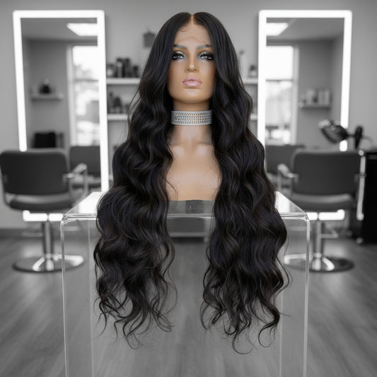 A mannequin head showcasing a long length NuHaire Natural Black Body Wave Wig - 13x6 HD Lace Front Made from Premium European Human Hair for a Realistic Look and Versatile Style, Ideal for Any Occasion.