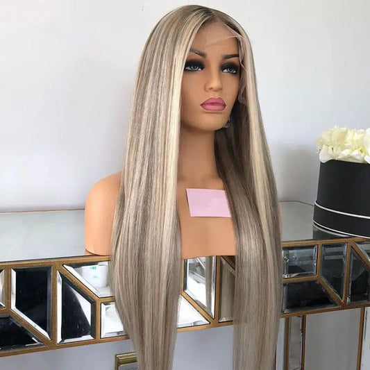 Up close angle of Mannequin head featuring NuHaire's Ash Grey Blonde Highlight Straight Wig, showcasing flawless color highlights, premium European human hair quality, 13x4 transparent lace, even strand length, and a naturally straight texture against a neutral background.