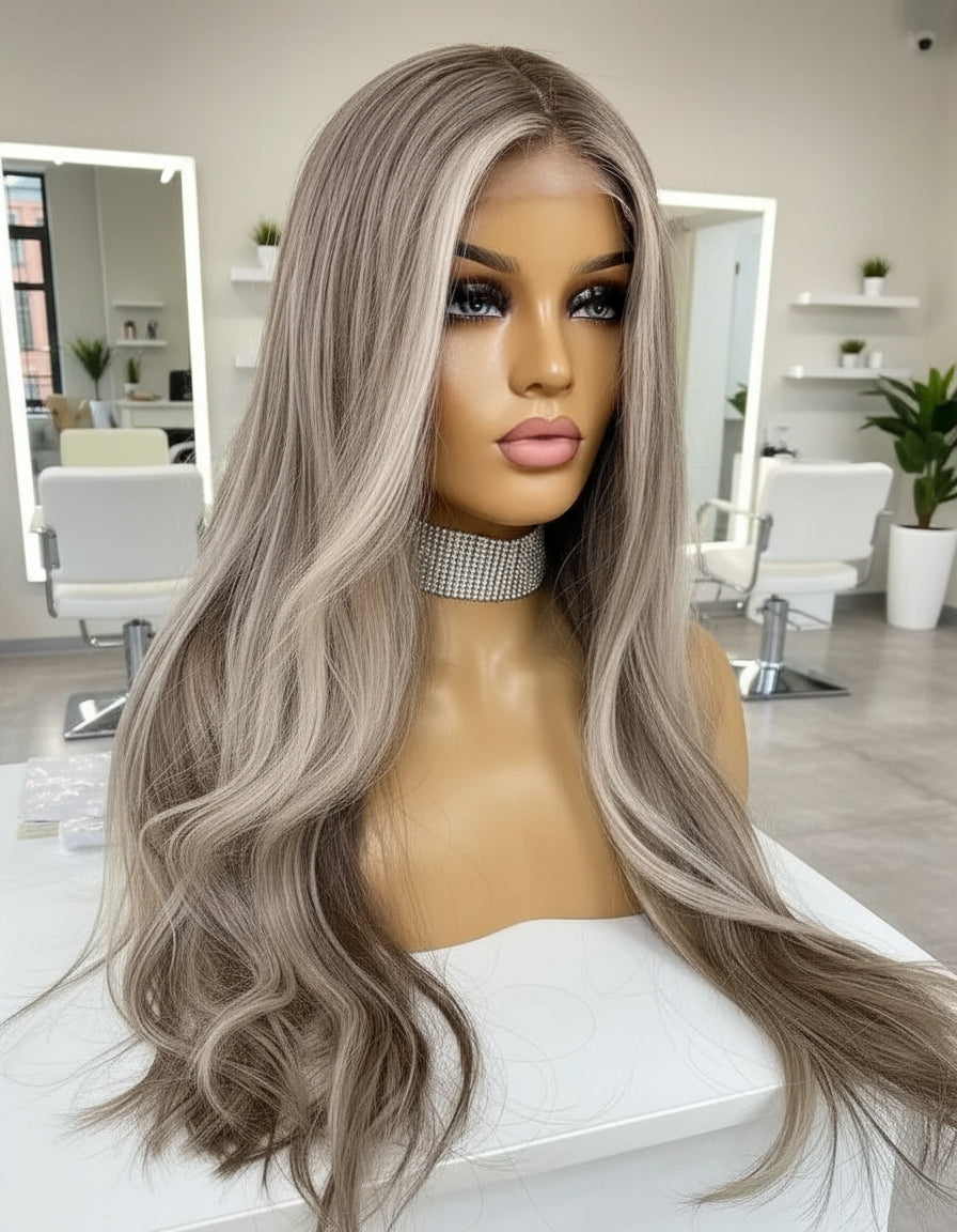 Alternate view of NuHaire's Ash Blonde Highlight Body Wave Lace Front Human Hair Wigs is displayed on mannequin head, showcasing ash blonde highlights, high-quality European human hair, full volume, and a 13x4 transparent lace front for a natural hairline.