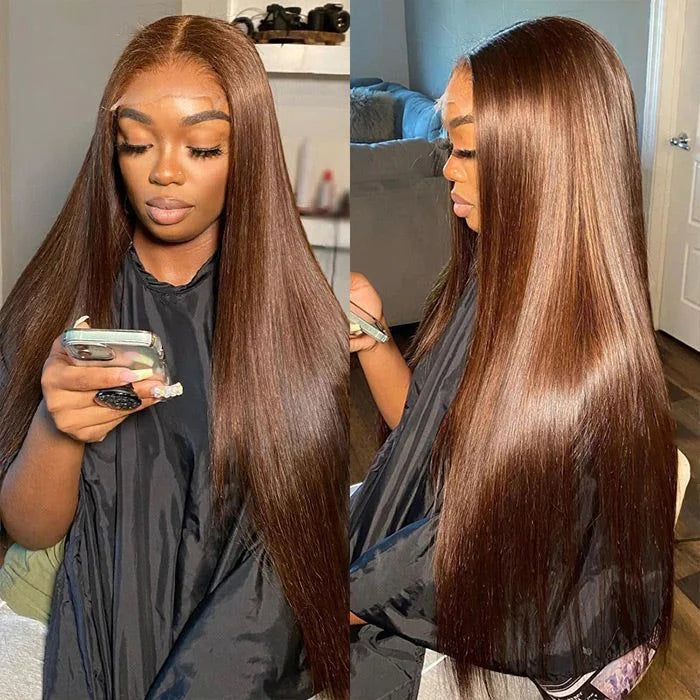Two-part image of A model wearing NuHaire's 250% density Chocolate Brown Straight Human Hair Wig, showcasing a flawless natural chocolate brown hair color, premium human hair quality, 13x4 lace front, natural hairline, and flowing straight texture.