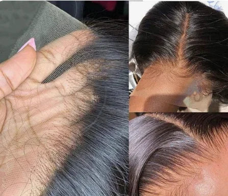 Up close view of lace front wig showcasing the knots and hair strands, demonstrating the craftsmanship and attention to detailing its design