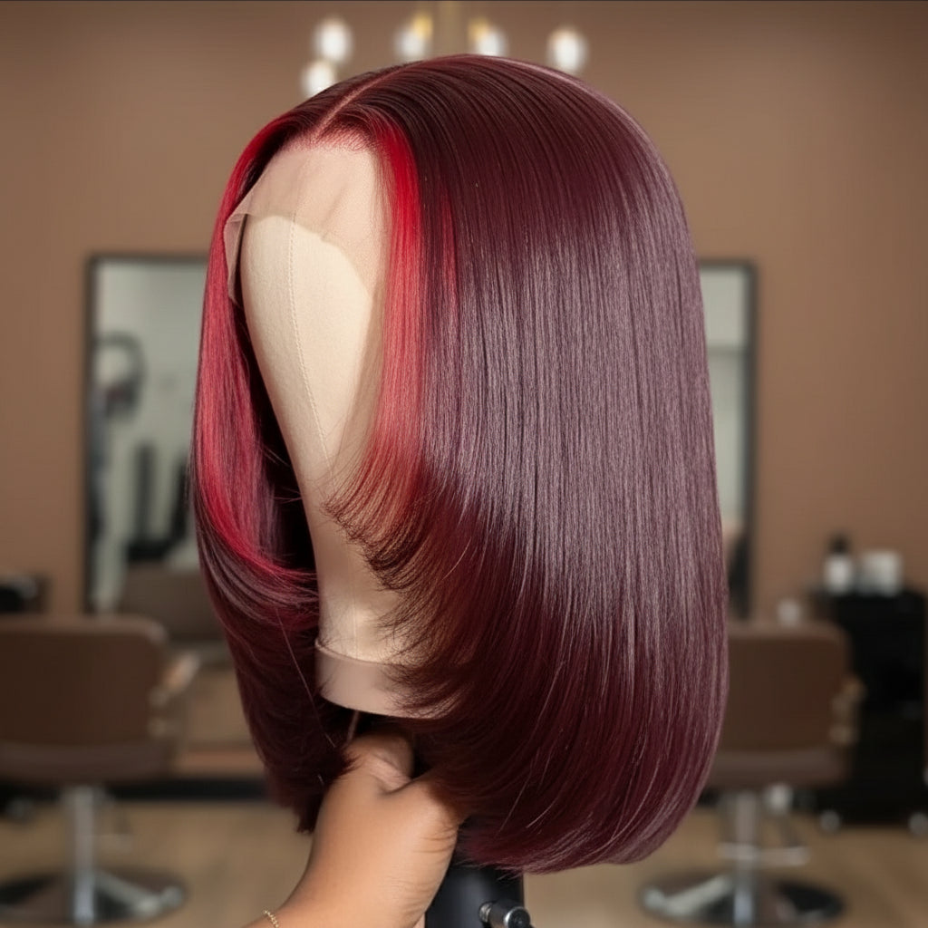 Side view of 13x4 Transparent lace front highlight human hair straight bob wig displayed on mannequin head showing chunky red highlight, rich 99J burgundy color, straight texture, premium natural hairline, styling versatility, and realistic scalp