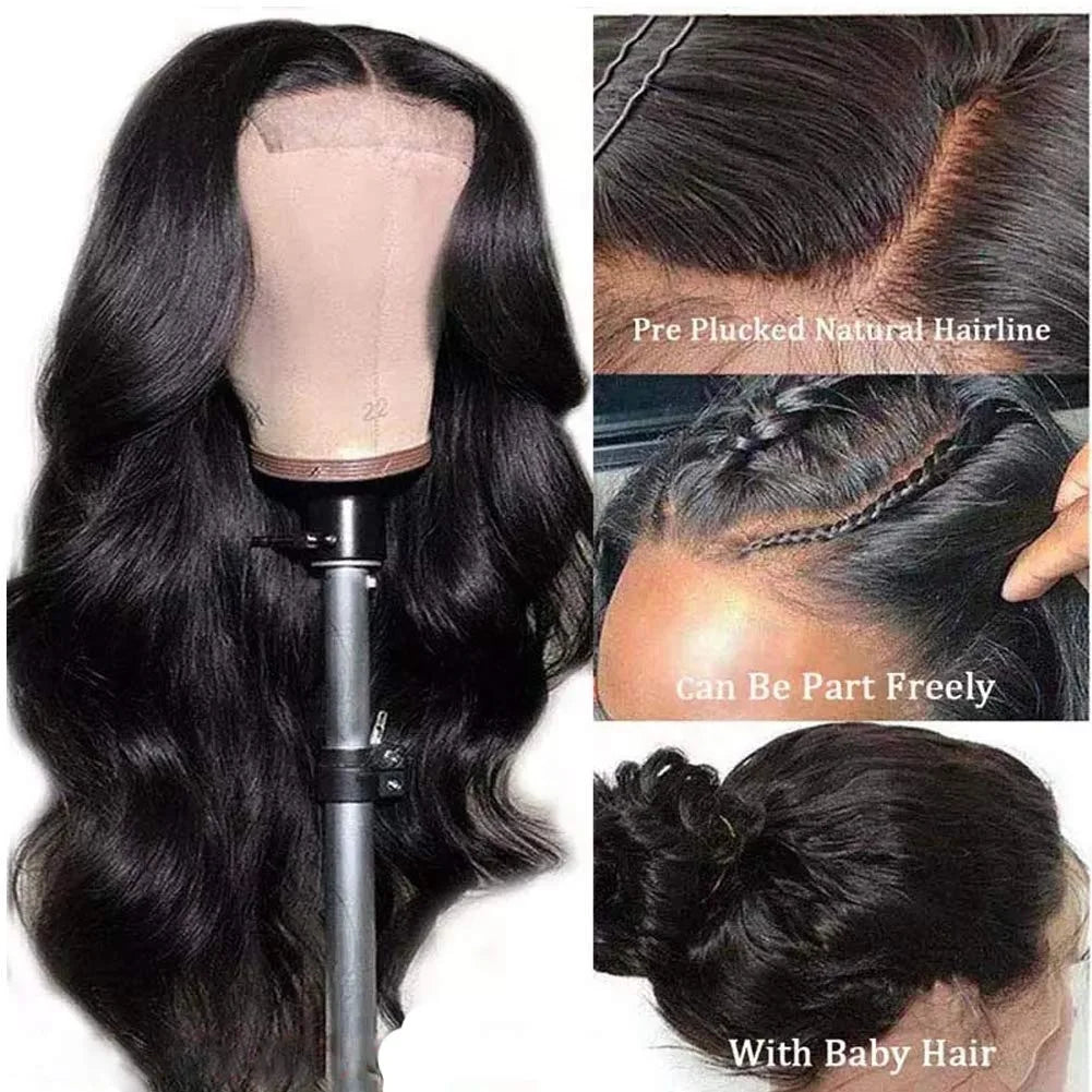 NuHaire's 5x5 HD lace body wave raw human hair wig in natural black color, displayed on a mannequin head along with three different angles showing pre-plucked natural hairline, natural parting space, and baby hair.