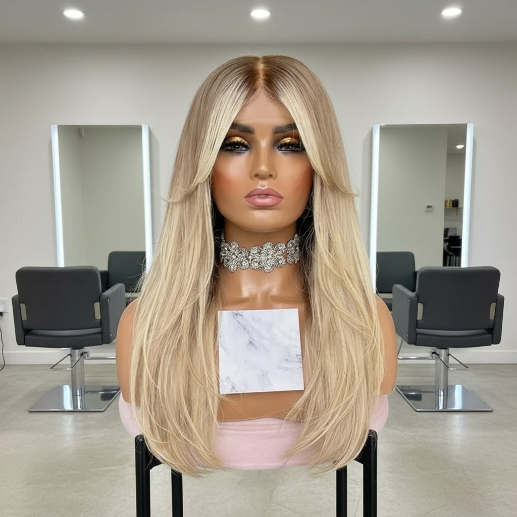 Front view of A mannequin displays NuHaire's Straight Ash Blonde Highlight Lace Front Human Hair Wig with curtain bangs, featuring ash blonde highlights, high-quality European straight hair, full volume, and a 13x4 transparent lace front for a natural look.