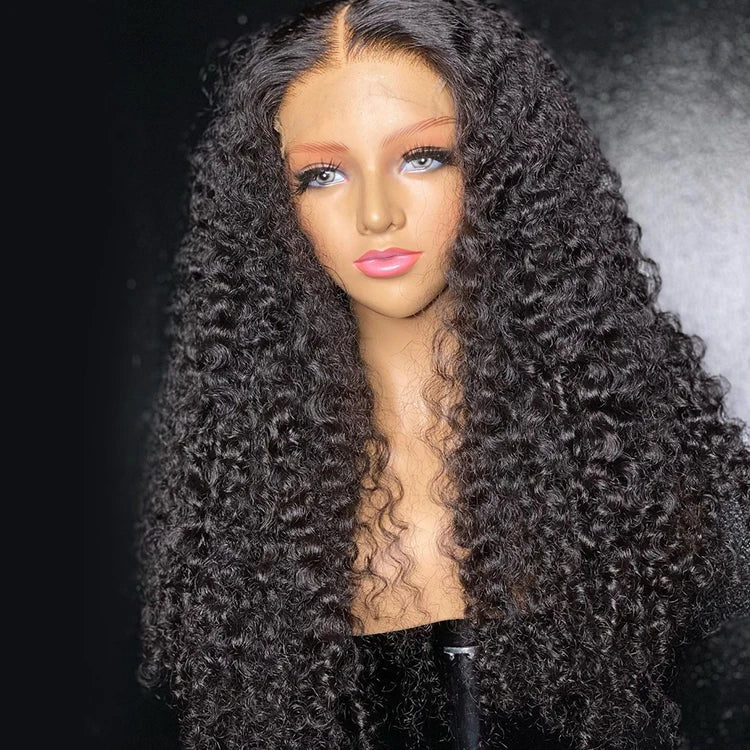 A 13x4 lace front human hair wig with a voluminous, curly hairstyle made of virgin Peruvian hair.