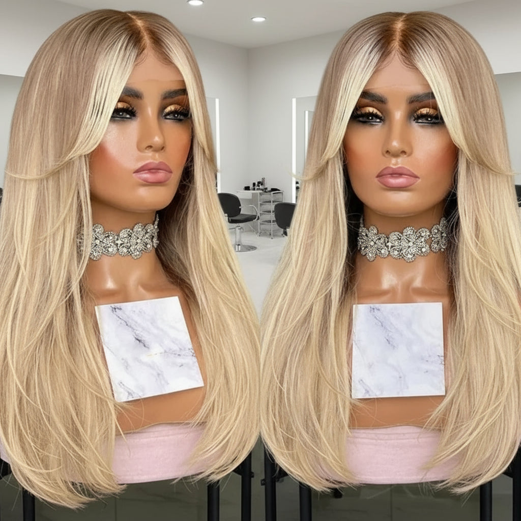 Two-part image of A mannequin displays NuHaire's Straight Ash Blonde Highlight Lace Front Human Hair Wig with curtain bangs, featuring ash blonde highlights, high-quality European straight hair, full volume, and a 13x4 transparent lace front for a natural look.