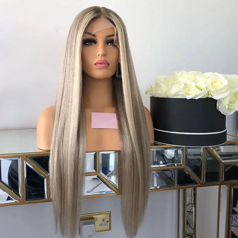 Mannequin head featuring NuHaire's ash grey blonde highlight straight wig, showcasing flawless color highlights, premium European human hair quality, 13x4 transparent lace, even strand length, and a naturally straight texture against a neutral background.