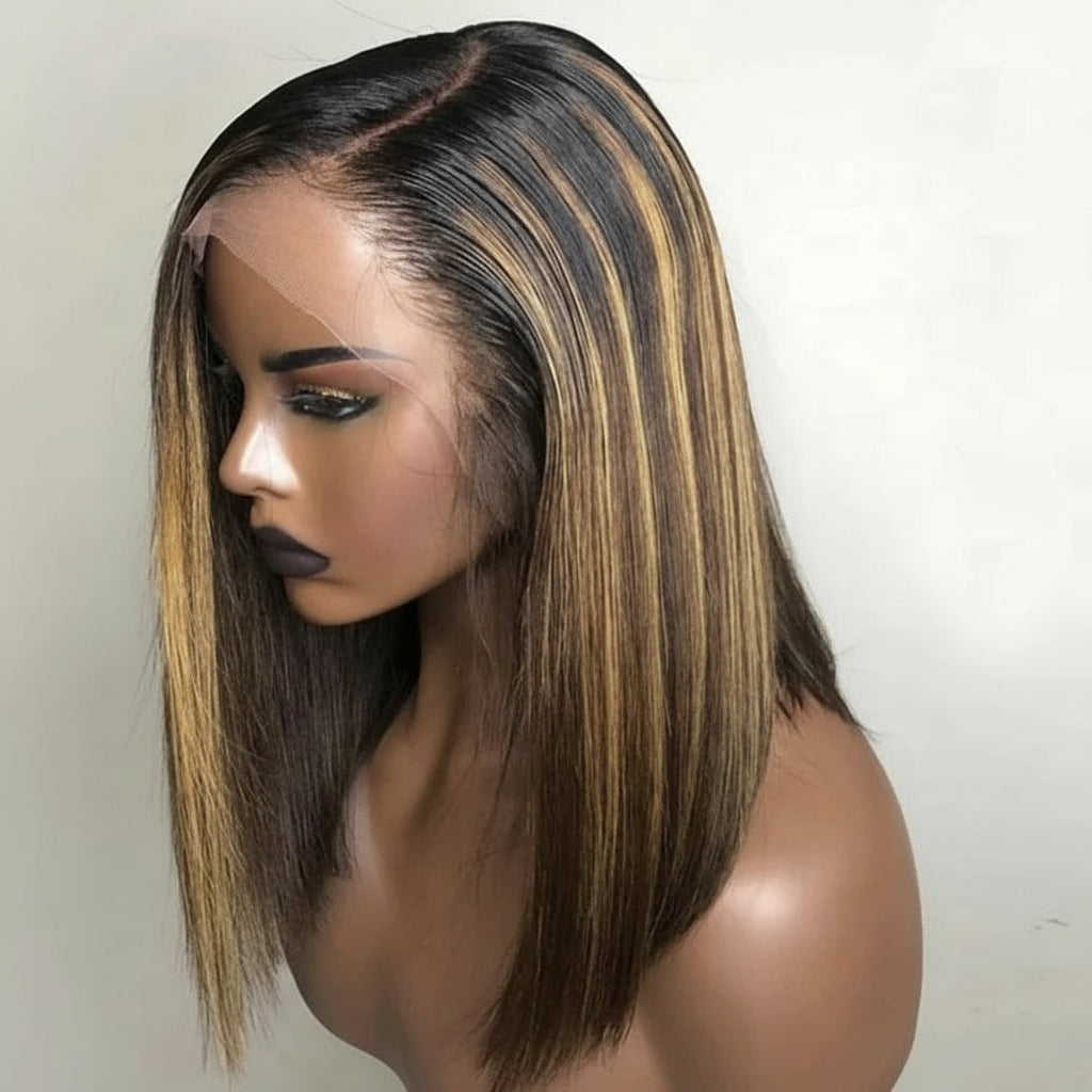 Alternate view - A mannequin displays NuHaire's #4/27 Brown Blonde Highlight Straight Human Hair Bob Wig, featuring a natural brown color with honey blonde highlights, full volume from root to tip, and skin-melting HD lace.