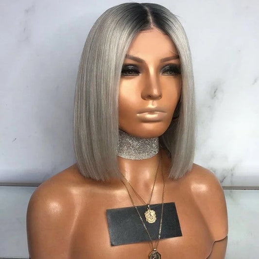 A straight, short grey ash blonde human hair wig with a 13x6 transparent lace front, showcasing a dark root shadow style, luxurious ash grey blonde coloring, premium European human hair, and a natural hairline.