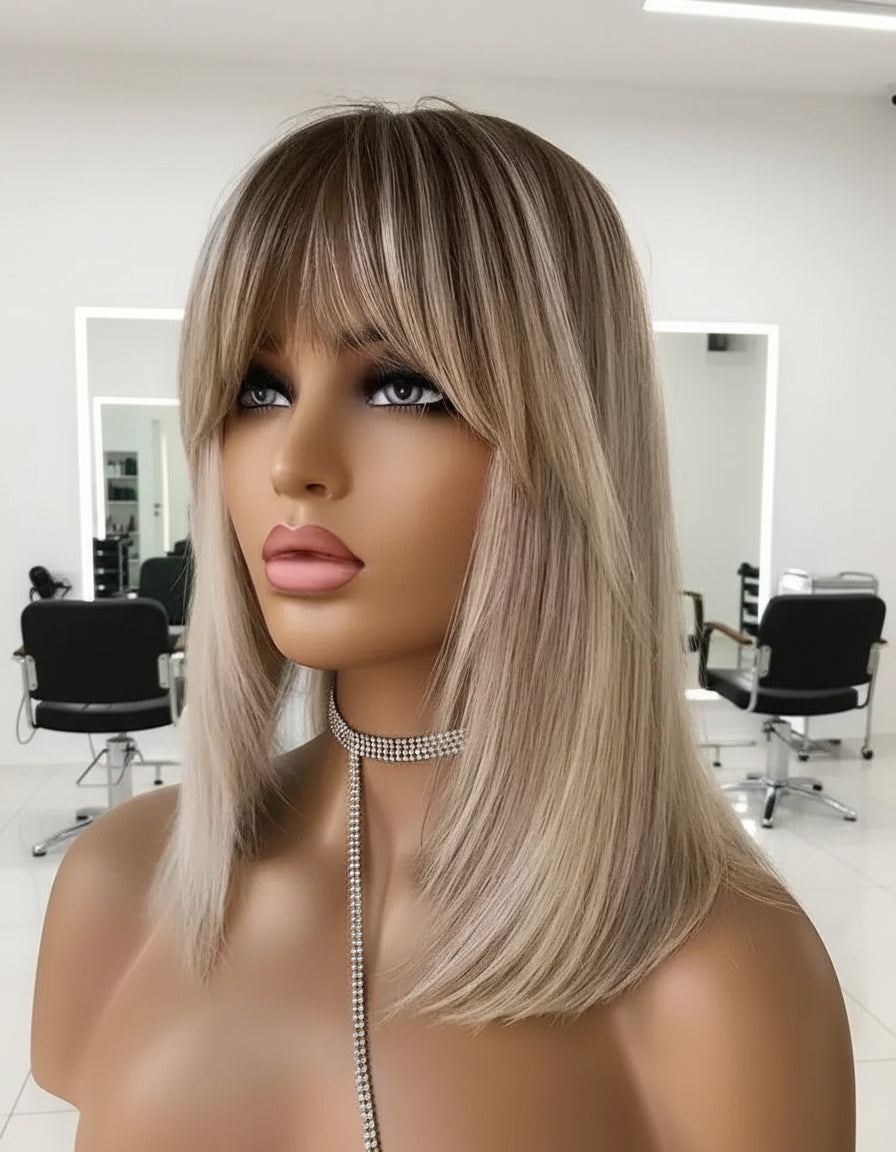 A mannequin display NuHaire's Short Straight Ash Blonde Highlight Human Hair Bob Wig with Bangs, featuring ash blonde highlights, high-quality European human hair, full volume, and easy installation for beginners.