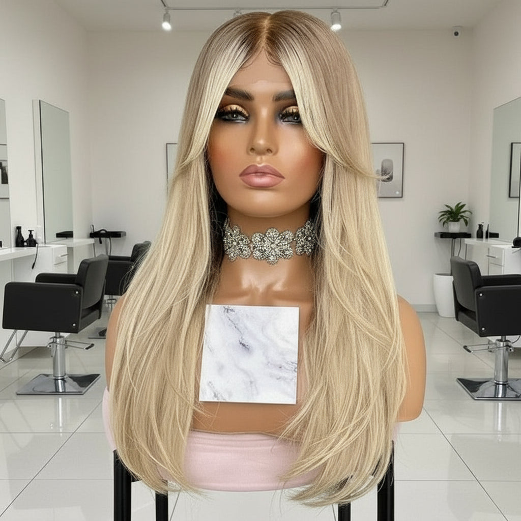 Different angle of A mannequin displays NuHaire's Straight Ash Blonde Highlight Lace Front Human Hair Wig with curtain bangs, featuring ash blonde highlights, high-quality European straight hair, full volume, and a 13x4 transparent lace front for a natural look.
