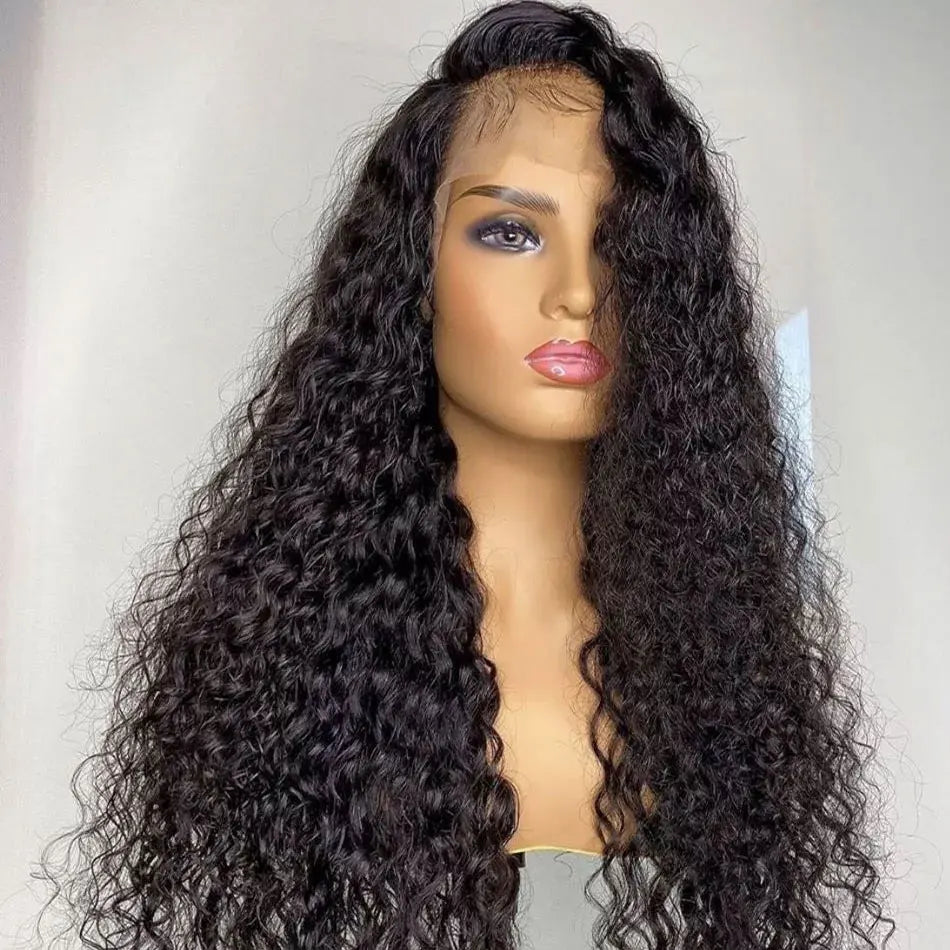 Image of 13x4 Transparent lace front human hair water wave wig displayed on a mannequin head showing a premium natural hairline, water wave texture, and a realistic scalp
