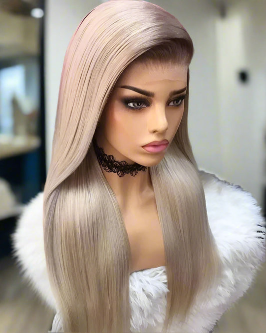 Different angle of A mannequin head showcasing NuHaire's Ombre Ash Grey Blonde Straight 13x6 Lace Front Human Hair Wig, highlighting the luxurious ash grey blonde ombre coloring, premium European human hair, thin transparent lace, and silky straight texture.
