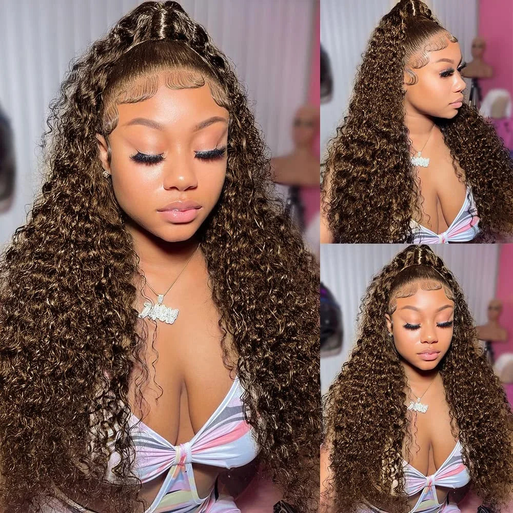 A collection of three images featuring a woman wearing NuHaire's long length chocolate brown deep curly human hair wig with a lace front. The wig features a 13x4 lace front design, a high-density 250% hairline, an updo hairstyle, and a natural-looking appearance.