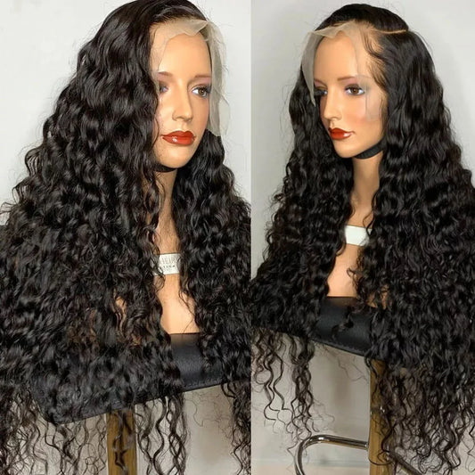 Two-part image of 13x4 Transparent lace front human hair water wave wig displayed on a mannequin head showing a premium natural hairline, water wave texture, and a realistic scalp