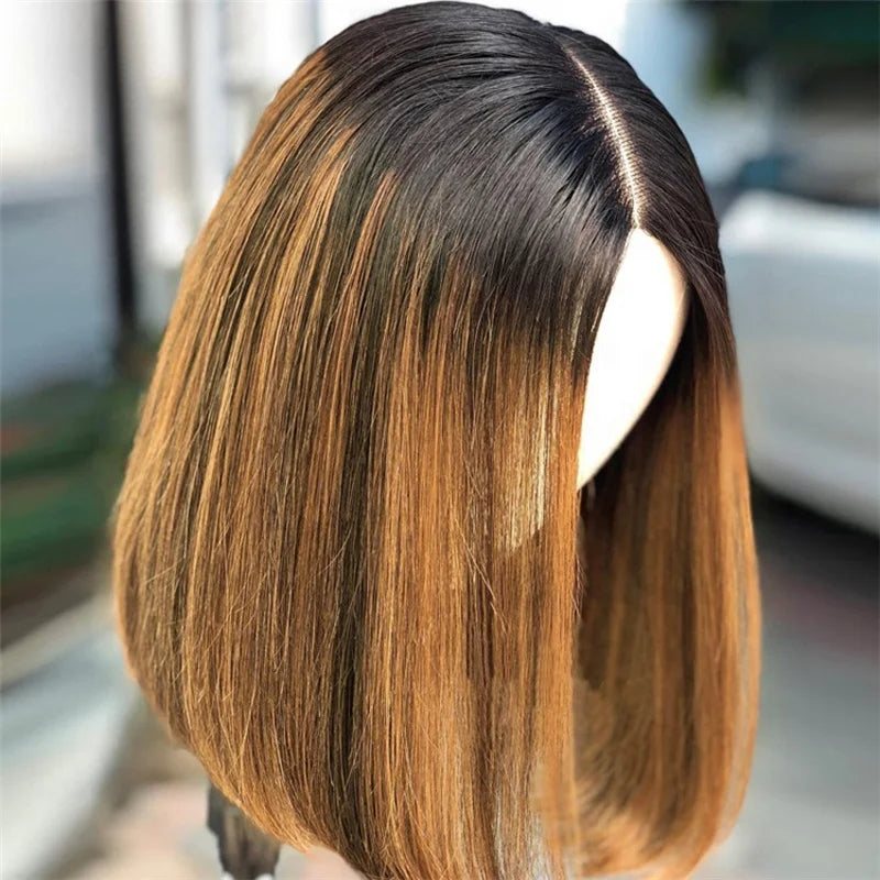 Side view of A NuHaire European Human Hair wig with a 13x4 transparent lace front featuring a silky straight texture and honey blonde ombre color, displayed on a mannequin in the daylight.