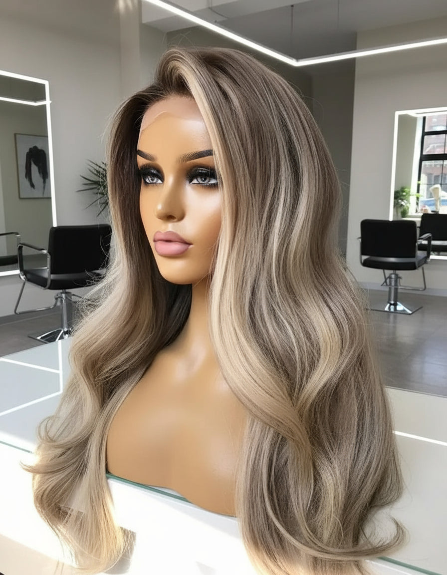 An up-close image of NuHaire's Ash Grey Blonde Highlight Body Wave Lace Front Human Hair Wig is displayed on a mannequin head. The wig features beautiful ash grey and blonde highlights, high-quality European human hair, and full volume. It also includes a 13x4 transparent lace front, ensuring a natural-looking hairline.