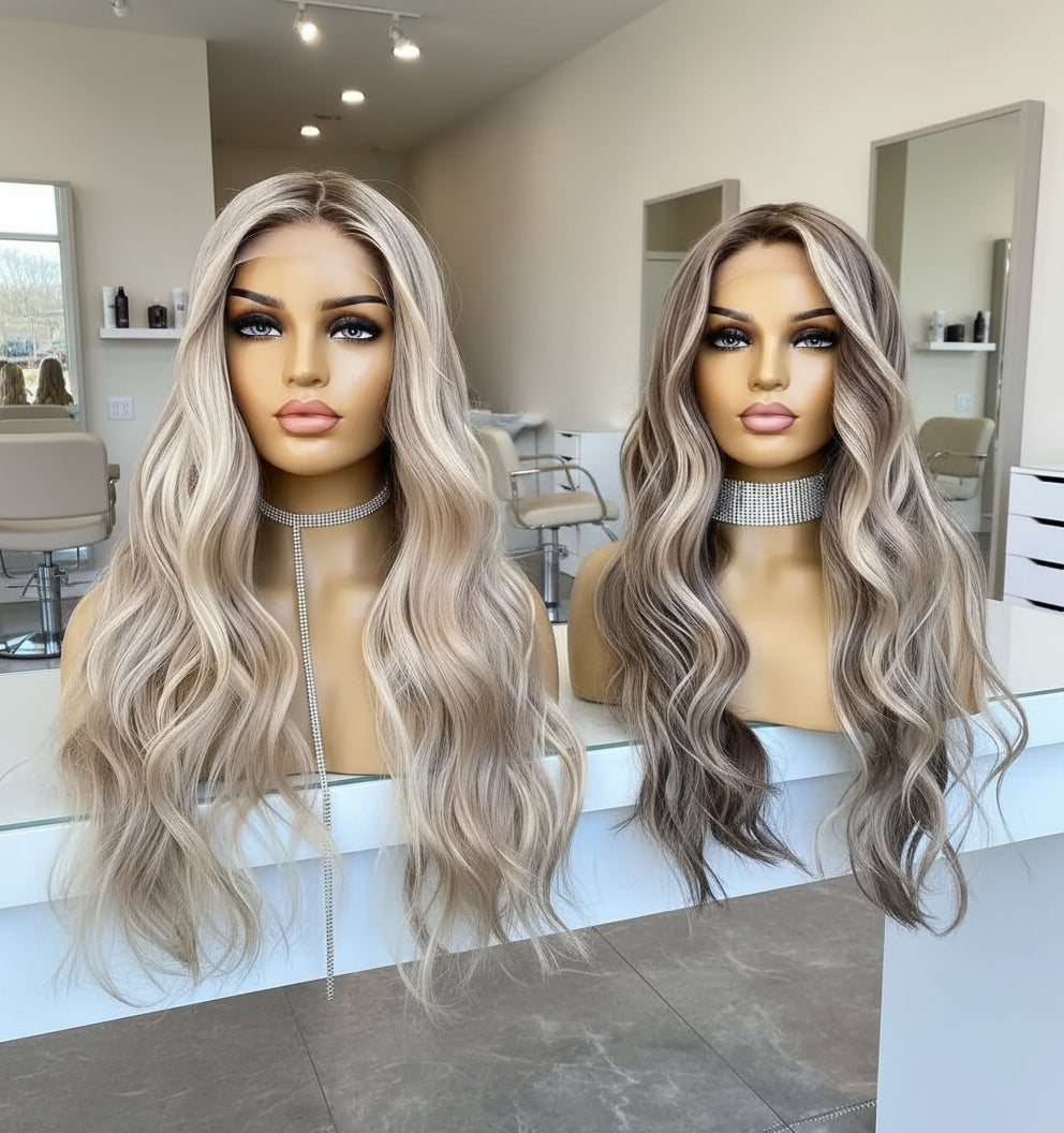 NuHaire's Ash Blonde / Ash Grey Blonde Highlight Body Wave Lace Front Human Hair Wigs are displayed on mannequin heads. These wigs feature either ash blonde or ash grey blonde highlights, high-quality European human hair, full volume, and a 13x4 transparent lace front for a natural hairline.
