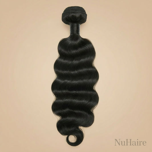 NuHaire's Loose Deep Wave | 1 Piece Human Hair Bundle features a natural black color and premium human hair quality. It is available in Brazilian and Indian hair textures, providing full volume from root to tip with natural deep waves.