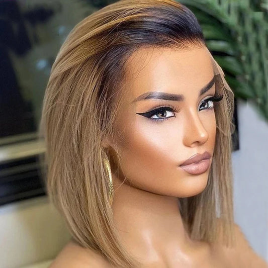 Ombre Honey Blonde 13x4 Transparent lace front human hair Straight Bob wig displayed on a mannequin head showing full volume, rich honey blonde ombre color, natural hairline, and straight texture
