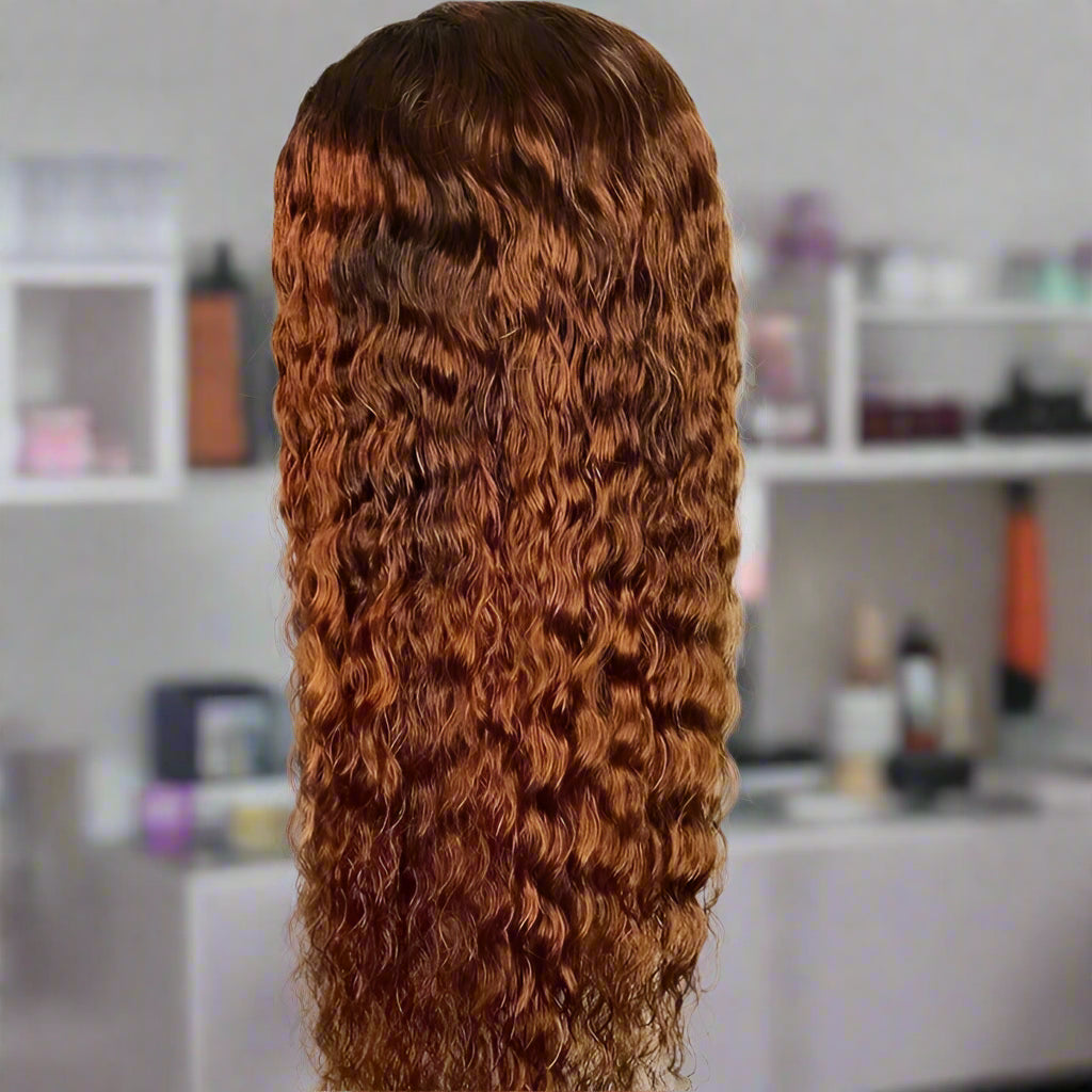 Back view of NuHaire's Full 250% Density Ombre 1B/33 Jerry Curly 13x6 HD Lace Front Human Hair Wig
