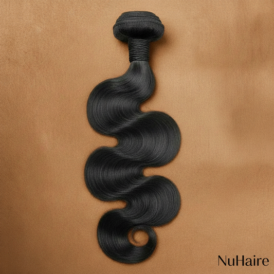 Product Display highlights NuHaire's Body Wave 1-piece Human Hair Bundle, which features a natural black color and premium human hair quality. This bundle is available in both Brazilian and Indian hair textures, offering full volume from root to tip with a bouncy body wave texture