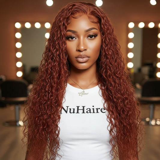 Model 2 is wearing the NuHaire #350 Ginger Deep Wave Transparent Lace Front Human Hair Wig which showcases flowing deep waves, a flawless ginger orange color, premium human hair quality, a transparent lace front, and a natural hairline.