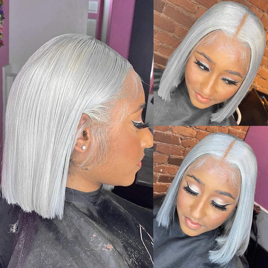 High 250 Density Silver Grey Straight Lace Front Double Drawn Bob Wig
