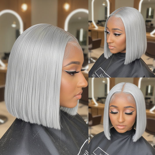 Three views of a Model wearing the NuHaire High 250 Density Silver Grey Straight Lace Front Double Drawn Bob Wig, featuring a silver grey color, premium human hair quality, a transparent lace front, and a natural hairline.