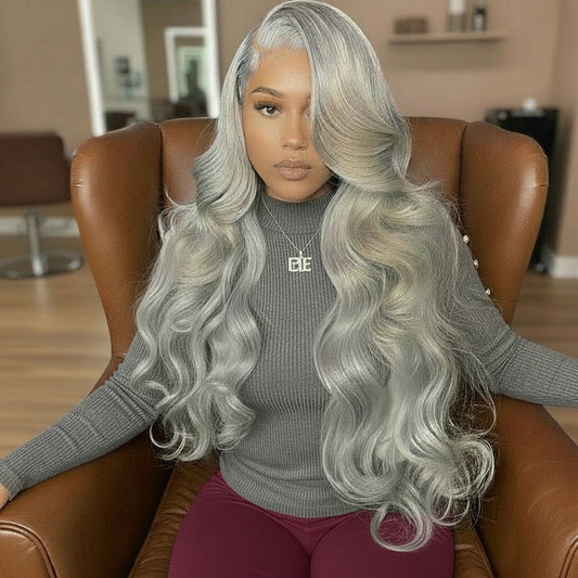 Model wearing NuHaire Silver Grey Body wave Lace Front Human Hair Wig, showcasing flawless silver grey coloring, flowing body wave volume, premium Human Hair Quality, transparent lace front, and natural hairline.