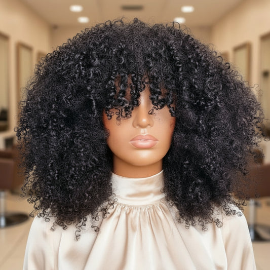 Mannequin head showcasing the NuHaire 12A Grade Glueless Machine Made Afro Kinky Curly Wig with Bang, featuring a natural black color, premium high quality grade human hair, glueless installation, kinky curly texture, and bangs.
