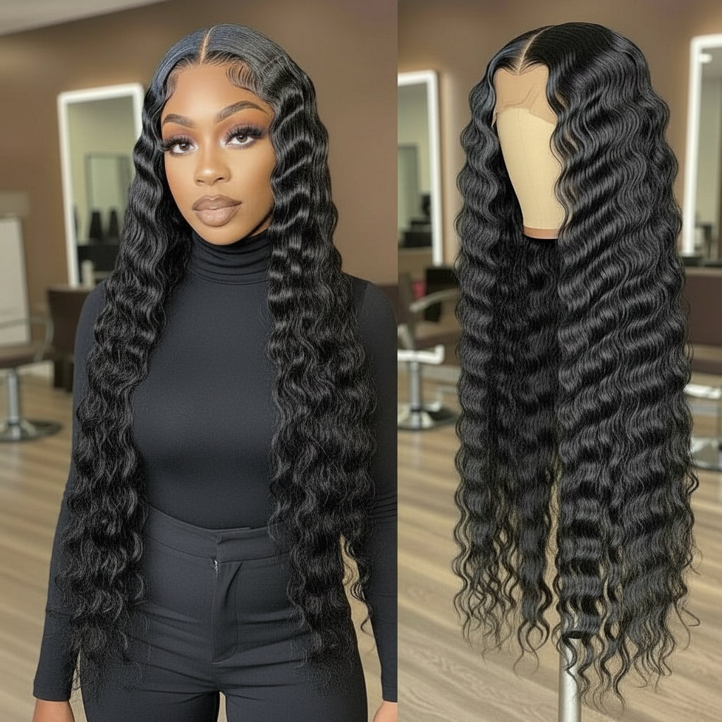 A model AND mannequin head displaying the NuHaire Loose Deep Wave 5x5 HD/Transparent Lace Closure Human Hair Wig, which features a natural black color, premium human hair quality, styling versatility, and a 5x5 lace closure for a natural-looking hairline.