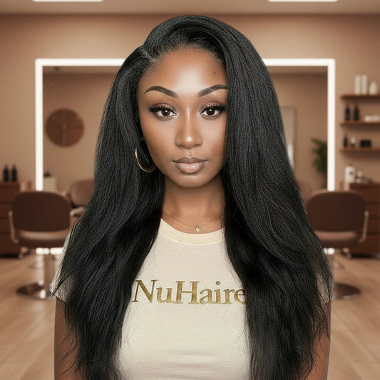 Three views of a Model showcasing NuHaire's 4C Edge Hairline Kinky Straight Lace Front Human Hair Wig, featuring a natural black color, premium human hair, flowing kinky straight texture, a 4C hair texture hairline, and a 13x4 HD Lace Front.
