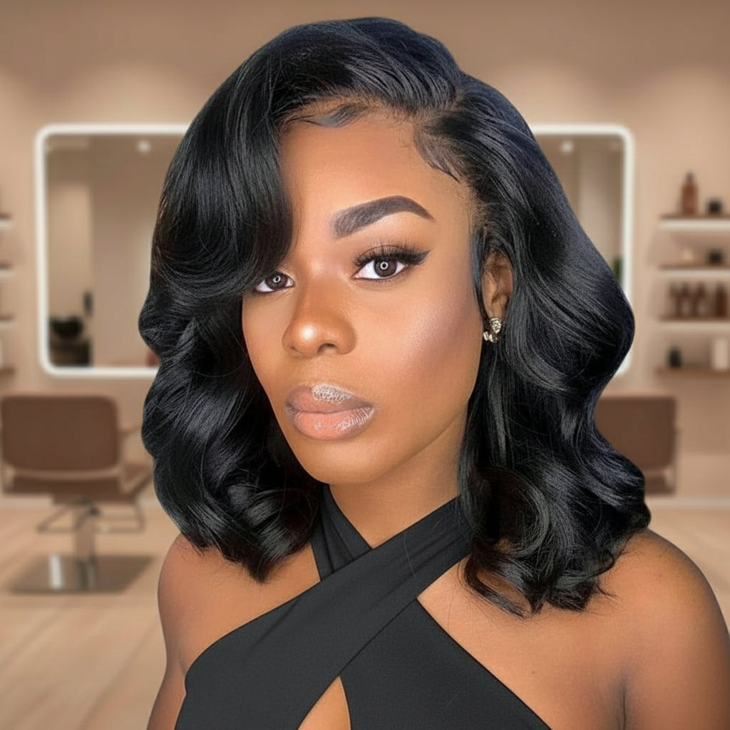 Ethnic Model wearing the NuHaire Short Body Wave Lace Front Human Hair Bob Wig, featuring a natural black color, premium human hair quality, a transparent lace front, and a natural hairline.