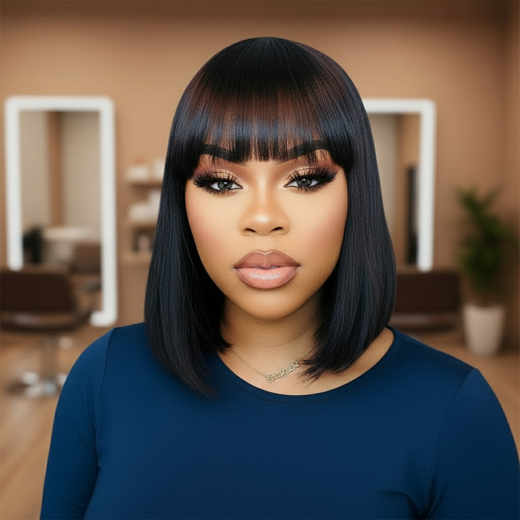 Different Model showcasing the NuHaire 12A Grade True Scalp Silky Straight Double Drawn Bob Wig With Bangs, featuring a natural black color, premium high quality grade human hair, glueless installation, silky straight texture, double-drawn ends, and bangs.