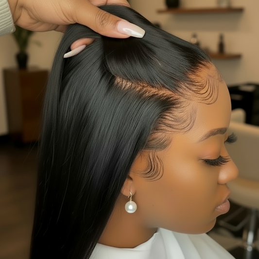 Up Close image of Model wearing the NuHaire Full Density 13x4 Straight Lace Front Wig, which features a natural black color, premium human hair quality, and a lace front for a natural-looking hairline.