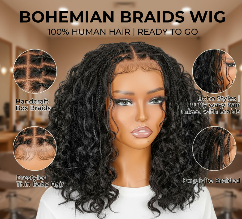 Mannequin head featuring NuHaire's Knotless Boho Braids | 5x5 Glueless Bob, with up close images of  flawless boho braids, premium human hair quality, 5x5 glueless lace, a natural hairline, and a bouncy bob.
