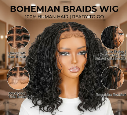 Mannequin head featuring NuHaire's Knotless Boho Braids | 5x5 Glueless Bob, with up close images of  flawless boho braids, premium human hair quality, 5x5 glueless lace, a natural hairline, and a bouncy bob.