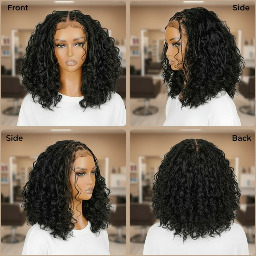Collage of images of Mannequin head featuring NuHaire's Knotless Boho Braids | 5x5 Glueless Bob, showcasing flawless boho braids, premium human hair quality, 5x5 glueless lace, a natural hairline, and a bouncy bob.