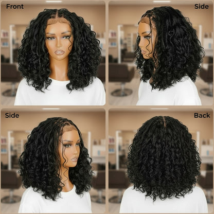 Collage of images of Mannequin head featuring NuHaire's Knotless Boho Braids | 5x5 Glueless Bob, showcasing flawless boho braids, premium human hair quality, 5x5 glueless lace, a natural hairline, and a bouncy bob.