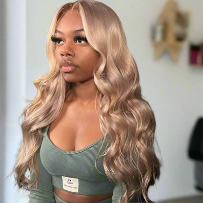 Ash Honey Blonde Body Wave 13x4 Wig on model alternate angle highlighting body wave texture and honey blonde color