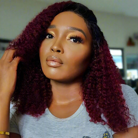 A 1B/99J burgundy ombre curly bob wig on a model, with close-up images showing the wig's texture and color progression from natural black to burgundy.