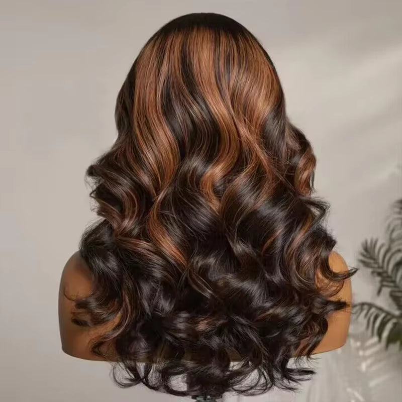 Back view of a mannequin head showing full volume, rich bronze balayage color, natural hairline, European human hair, and natural wavy texture