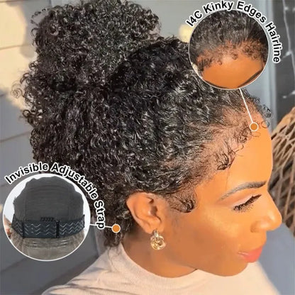 4c Hairline Kinky Curly 360 Invisi-String Wig updo style with detailed 4C hairline inset and lace cap interior construction view