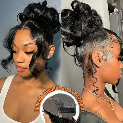 Body Wave Full 360 HD Lace Invisi-String Wig demonstrating updo styling options and natural movement