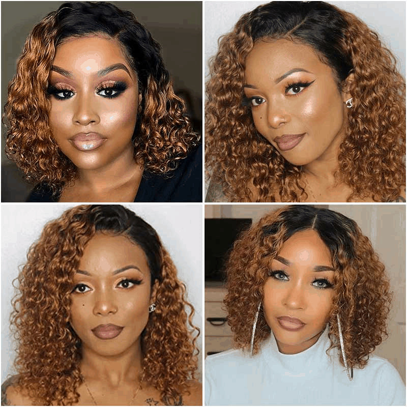 4 different angles of models wearing 1B/30 auburn ombre curly bob wig showing different bob lengths, 4x4/13x4 HD lace and  gradual ombre color transition