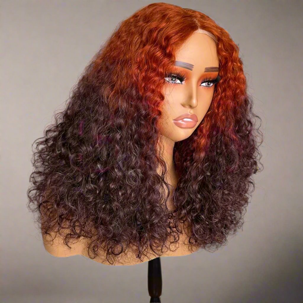 T Part Ginger Ombre 4/350 Curly Wave Lace Front Human Hair Wig