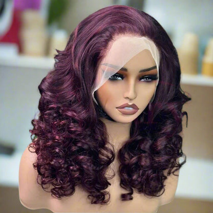 99J Burgundy Full Density Bouncy Egg Curly Lace Front Human Hair Wig